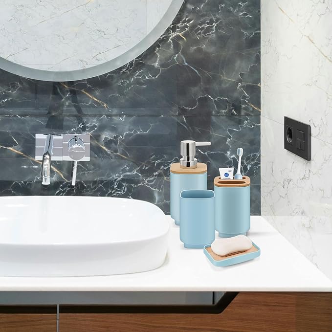 Bathroom Accessories Set,Blue Bathroom Set,24 Pieces Bathroom Accessory Set with Shower Curtain,Trash Can for Bathroom Accessories Décor and Home Gifts