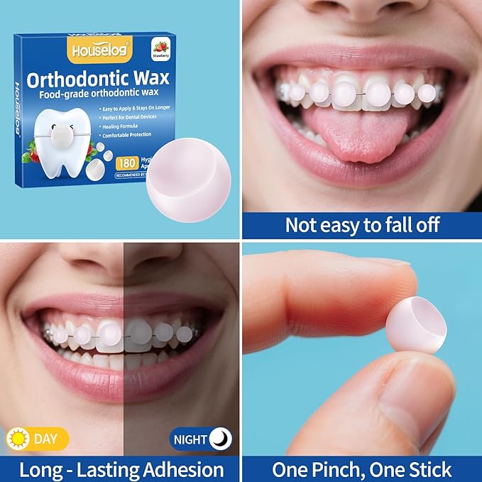 Orthodontic Wax for Braces - 180 Dental Wax Dots | Strawberry Flavor, Hygienic Individual Wraps, Brace Wax for Brackets