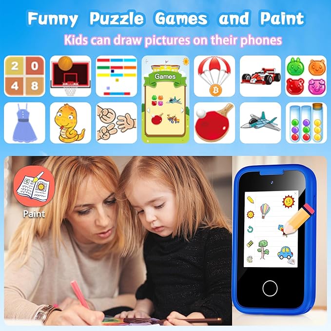 Kids Phone Birthday Gifts Toy for 3 4 5 6 7 8 9 10 Year Old Girls Boy,Toddler Kid Smart Phone with Dinosaur Silicone Cover Educational Games,Music Player,Toys for Girls Boys Age 3-8(Blue)