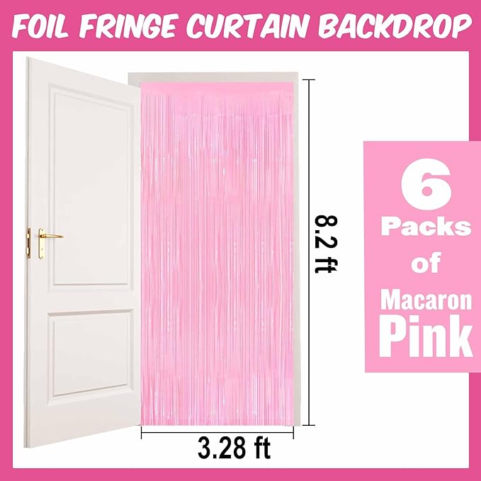 6 Pack Macaron Pink Foil Fringe Curtains Backdrop, 3.28 x 8.2 Ft Metallic Streamers Tinsel Curtains Background for Photo Booth, Birthday, Christmas, Halloween, Thanksgiving, New Year Party Decorations