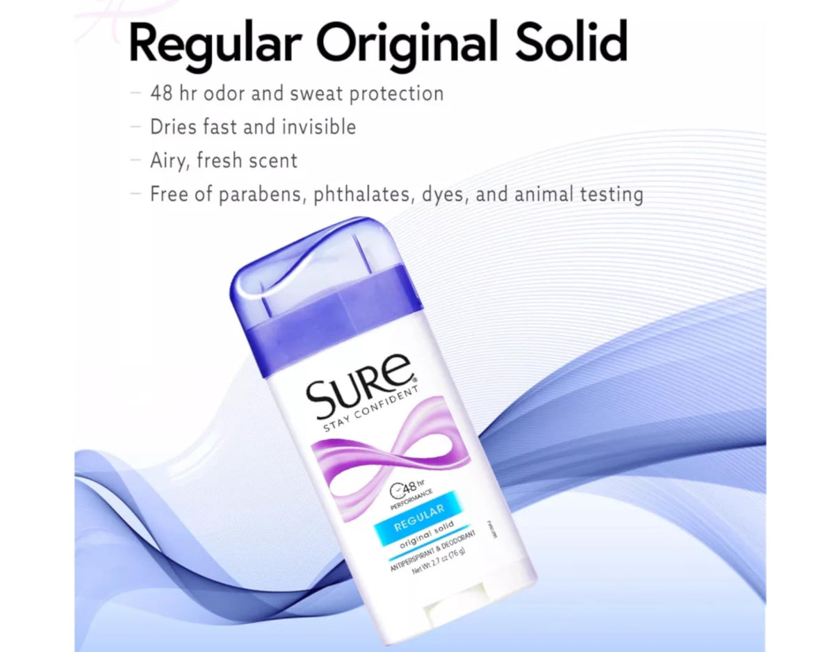 Sure Regular Original Solid Antiperspirant & Deodorant 2.7 Ounces, Pack of 4