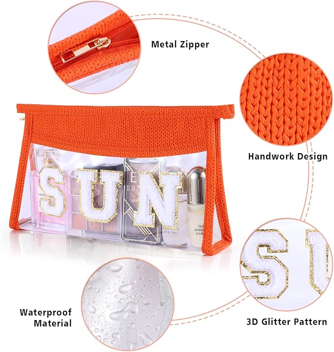 Sunscreen Bag Clear Makeup Bag Chenille Letter Sun Cosmetic Pouch Summer Beach Essential Cute Toiletry Pouch Travel Accessories Gifts for Women