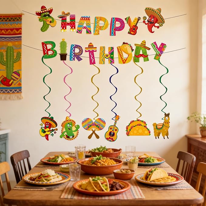 Mexican Fiesta Birthday Decorations, Colorful Mexican Banner Cinco De Mayo Garlands Hanging Swirls Decor for Mexico Carnival Taco Birthday Party Supplies (Fiesta)