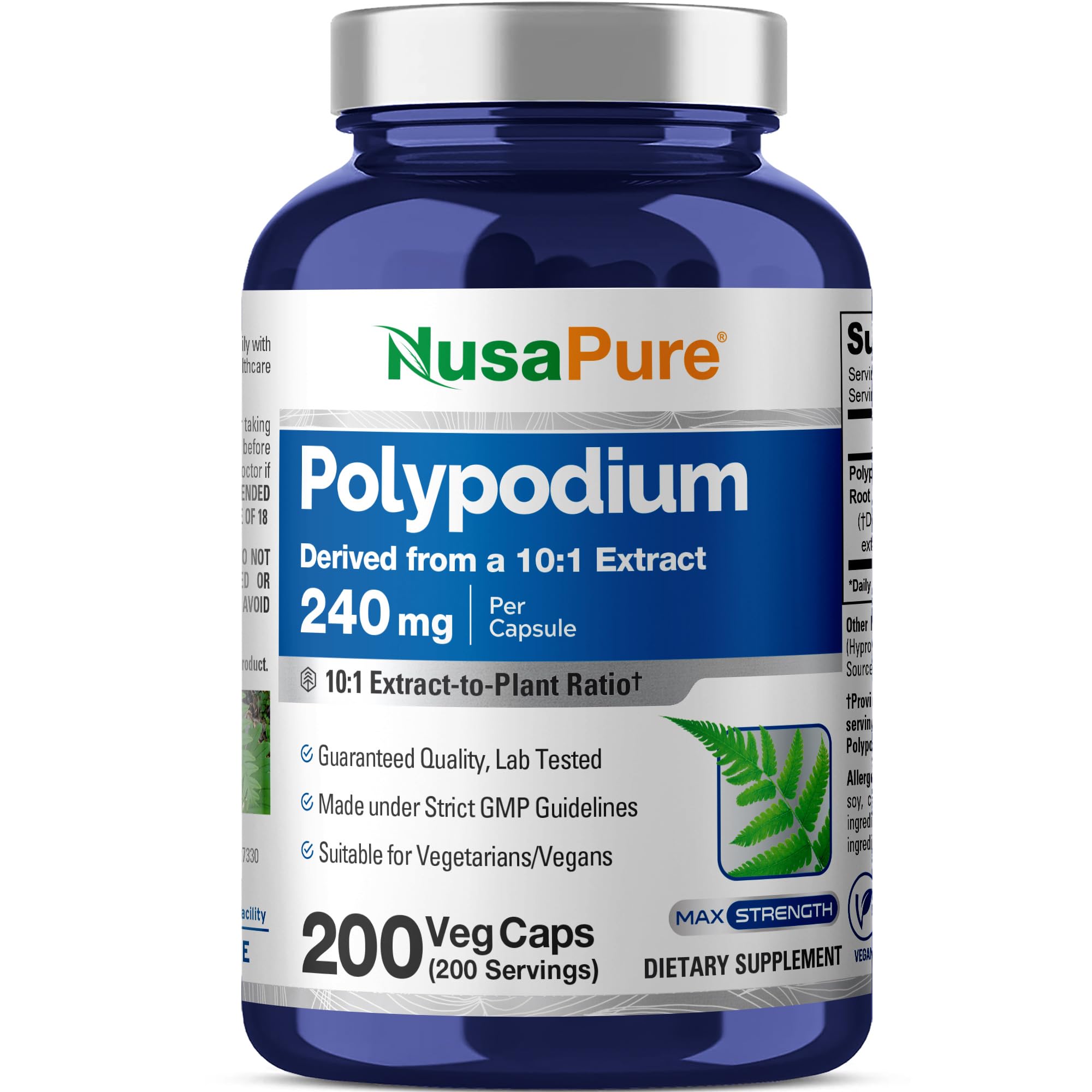 NusaPure Polypodium Leucotomos Capsules, 240 mg, 200 Veg Capsules (Non-GMO, Vegan)