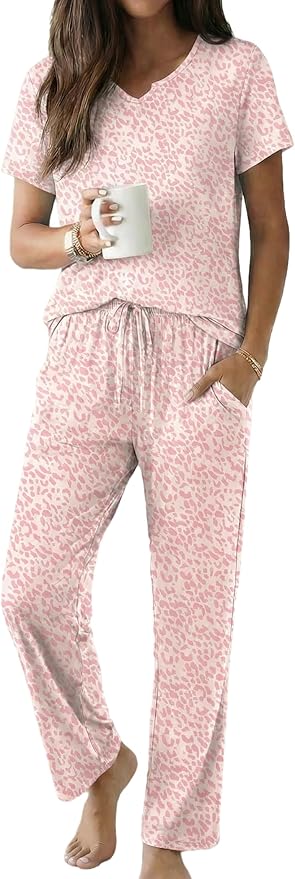 Ekouaer 2 Piece Womens Pajamas V Neck Short Sleeve Top and Long Pants Pjs Print Lounge Set Sleepwear