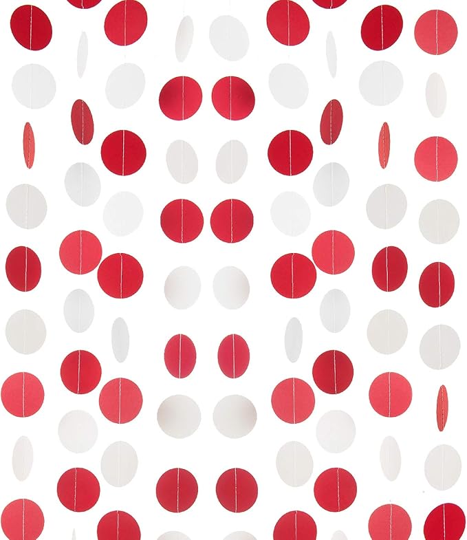 WEVEN Red and White Paper Garland Circle Dots Party Garland Banner Streamer Backdrop Hanging Decorations, 2" in Diameter, Pack of 3, 30 Feet in Total