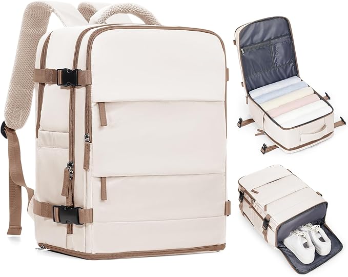 Travel Backpack Carry on Flight Approved Mochila De Viaje Personal Item Backpack for Airlines Frontier Airlines Personal Item Bag Large Backpack for Travel Backpacks for Men Women Beige with Brown