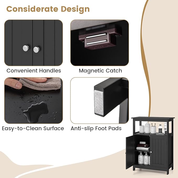 Tangkula Bathroom Storage Cabinet, Freestanding Floor Organizer with 2 Doors & 1 Adjustable Shelf, Modern Home Bathroom Furniture for Living Room Entryway Kitchen (Cabinet, Black)