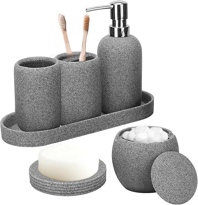 Bathroom Accessory Set, 6PCS Gray Bathroom Accessories - Soap Dish, Lotion Dispenser, Toothbrush Holder, Mouthwash Cup, Tray, Cotton Ball Jar, Aesthetic Decor Bathroom Sets
