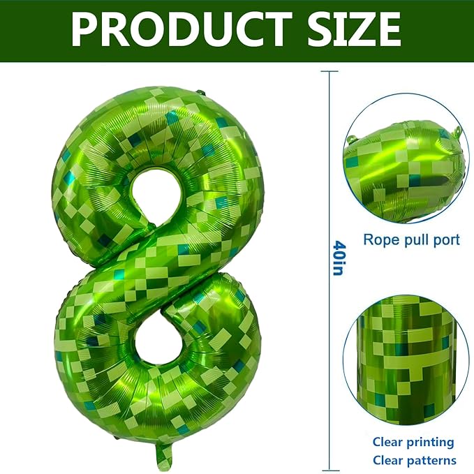 Green Number Balloons, Gaint Green Pixel Number 8 Balloon 40 Inch Dark green 8 Balloon for Boys Girls Kids 8th Birthday Party Decoration