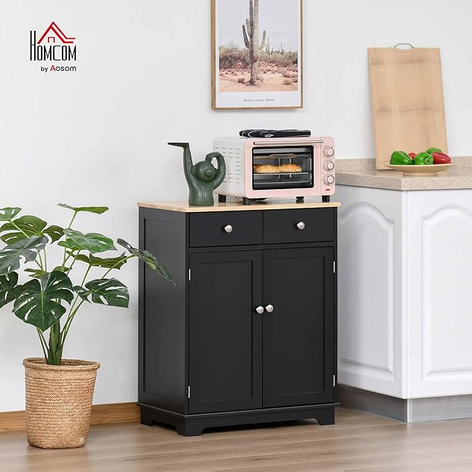 HOMCOM Sideboard with Solid Wood Countertop, Modern Kitchen Storage Cabinet, Coffee Bar Cabinet with 2 Drawers, Doors and Adjustable Shelf, Black