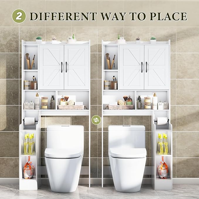 Over The Toilet Storage Cabinet with Barn Doors, Rustic Bathroom Organizer, Space-Saving Shelf for Laundry, White