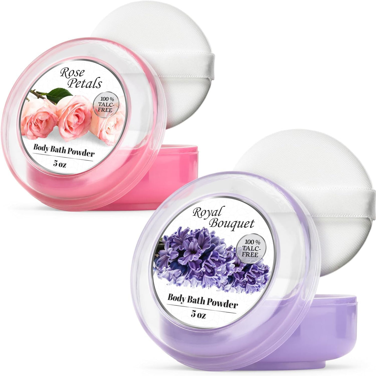 R-NEU 2 Pack Body Powder for Women with Powder Puff, 100% Talc-Free, Elegant Rose Petal & Royal Bouquet Scented Dusting Powder, After Bath for Soft Skin, Extra Large, (2 Pack, 5 Oz Each)