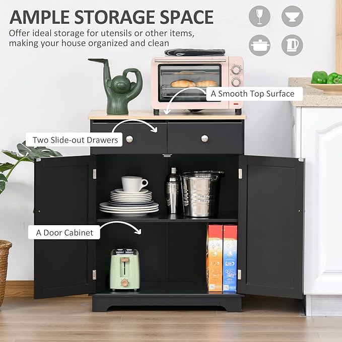 HOMCOM Sideboard with Solid Wood Countertop, Modern Kitchen Storage Cabinet, Coffee Bar Cabinet with 2 Drawers, Doors and Adjustable Shelf, Black