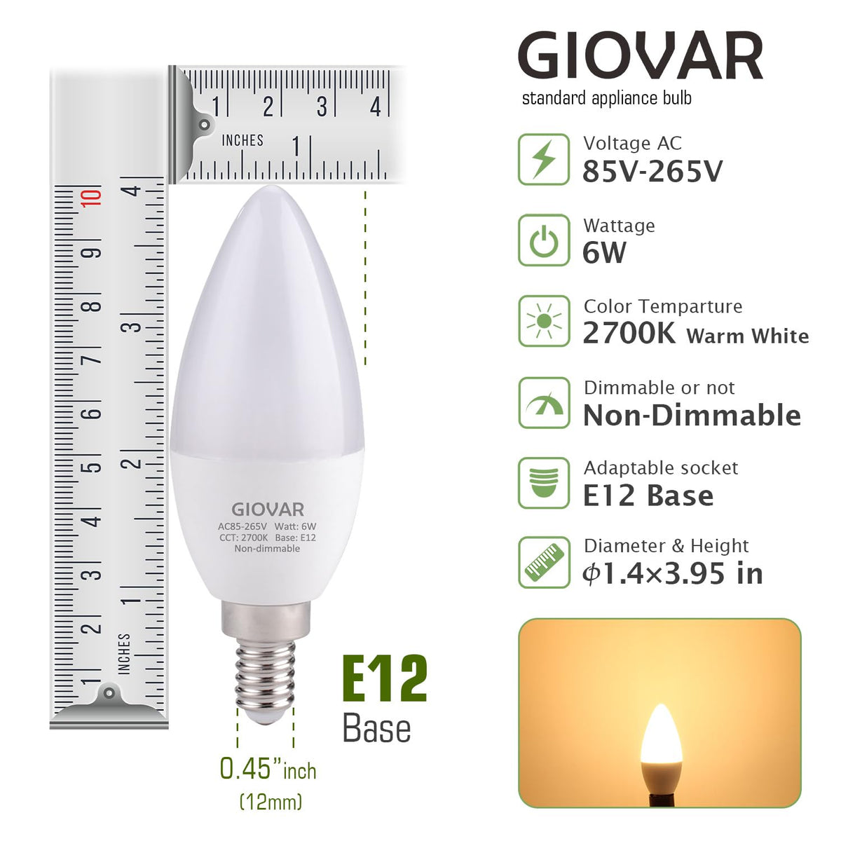 GIOVAR 12-Pack Candelabra LED Light Bulbs, 60 Watt Equivalent, Warm White 2700K, Light Bulbs for Chandelier/Wall Sconces Small Base, 120V, Type B, Non-Dimmable