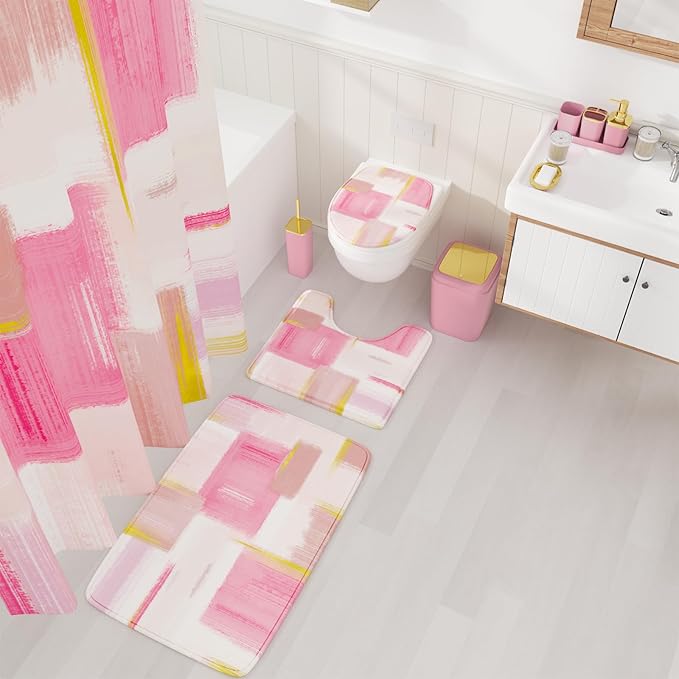 Bathroom Accessories Set - 25PC Bathroom Set with Shower Curtain and Rugs, Pink Bathroom Set, Bathroom Accessory Set with Press-on Lid Trash Can, Soap Dispenser and Qtip Holders