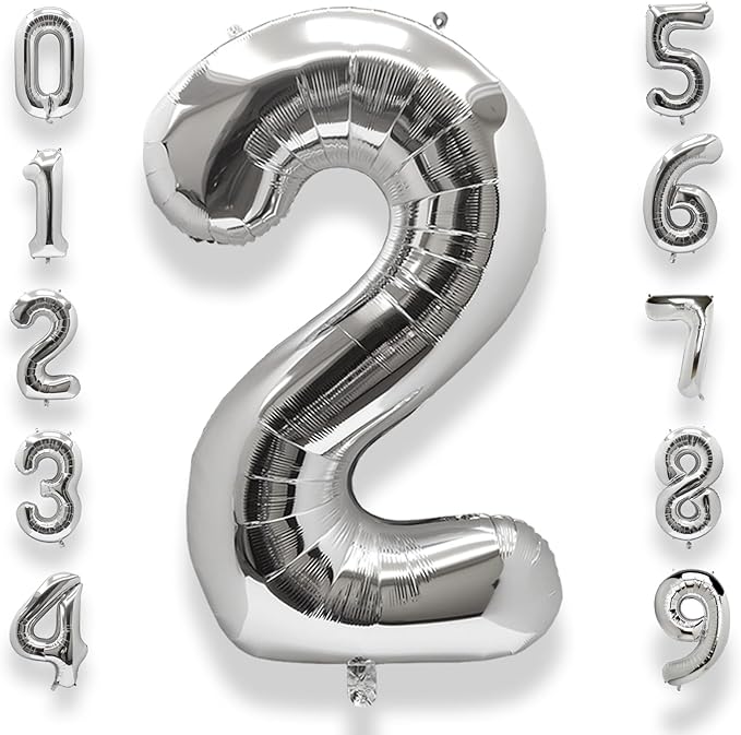 AULE 40 Inch Big Silver 2 Balloon Number Large Foil Helium Number Balloons 0-9 Jumbo Giant Happy 2nd Birthday Party Decorations for Boy or Girl Huge Mylar Anniversary Party Supplies