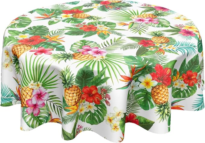 Summer Tropical Pineapple Round Tablecloth 70 Inch Green Hawaiian Palm Leaf Circle Table Cloth Floral Table Cover Washable Polyester Decorations for Kitchen Dinning Room Party