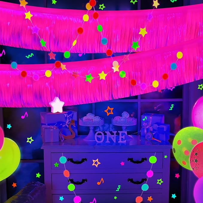 Mega-L Glow in The Dark Party Supplies, 4 Pack Foil Fringe Garland Birthday Party Decorations 9.8 ft Fluorescent Macaron Fuchsia Metallic Tinsel Streamers Banner, Glitter Photo Booth Prop Table Skirt