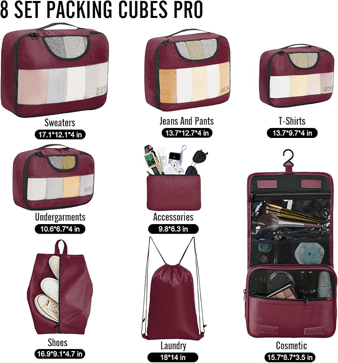Veken 8 Set Packing Cubes for Travel Essentials, Suitcase Organizer Bags in 4 Sizes, Carry-On Luggage Accessories with Large Laundry & Hanging Toiletry Bag, Must-Have for Airplane, Road Trip & Camping