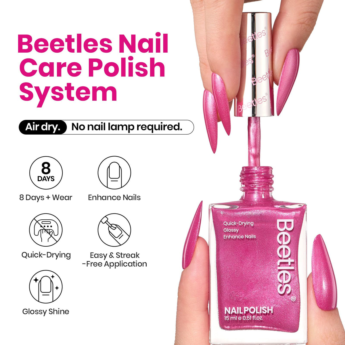 Beetles Hot Pink Nail Polish - 15ML Fast Drying & Long Lasting Nail Polish Romantic Reverie Nail Lacquer Shimmer Art Effect Spring Nails Gifts