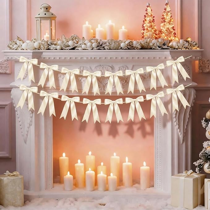 2 Strings Cream Bow Garland Banner Decorations, 16Pcs Pre-Strung Satin Ribbon with 6.7ft Chain for Ivory White Ribbon Bow Coquette Room Birthday Baby Bridal Shower Wedding Bachelorette Party Decor
