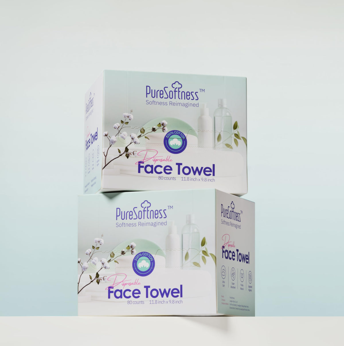 PureSoftness Luxuriously Soft Disposable Face Towel, 100% Cotton, Extra Large 12" x 10" Ultra Soft Dry Wipe for Face Wash, Makeup Remover, Bio-Based Towelette for Sensitive Skin 160 Count (2 Pack)