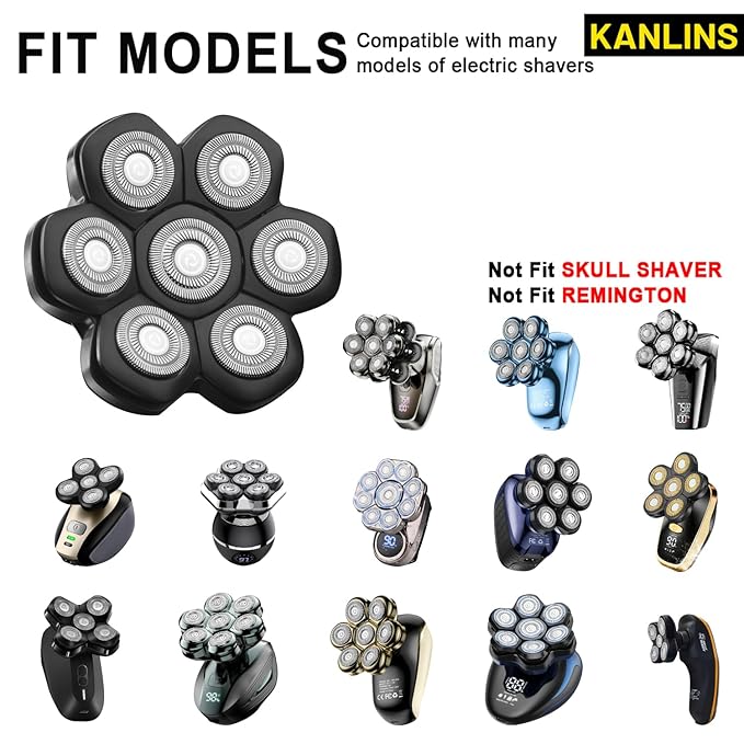 7 Blade Replacement Shavers Head, Washable Shaver Blade Floating Heads Replacement for Head Shaver, Wet & Dry Compatible for Rotary Shavers