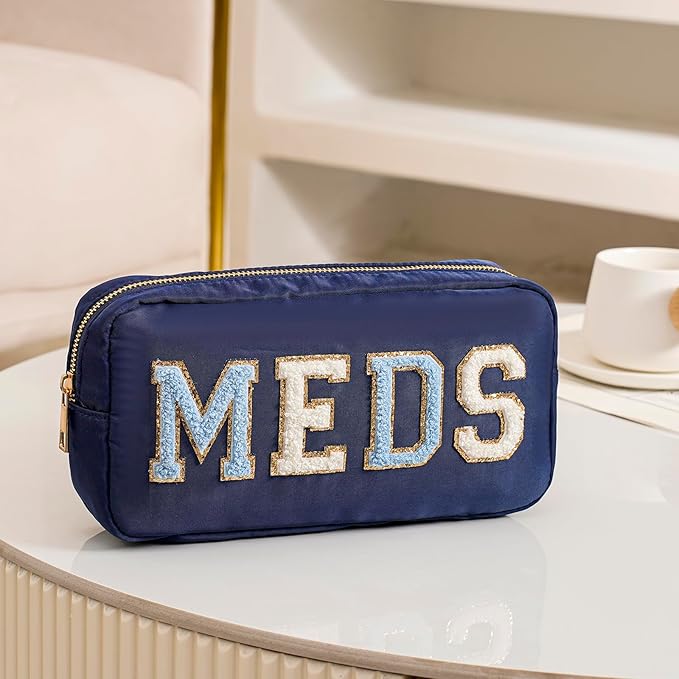uekeboag Personalized Chenille Letter Patch MEDS Bag,Cute Nylon Drug Medicine Travel Makeup Bag with Zipper, Preppy Vitamin Organizer Bag for Women and Girls (04 Navy)
