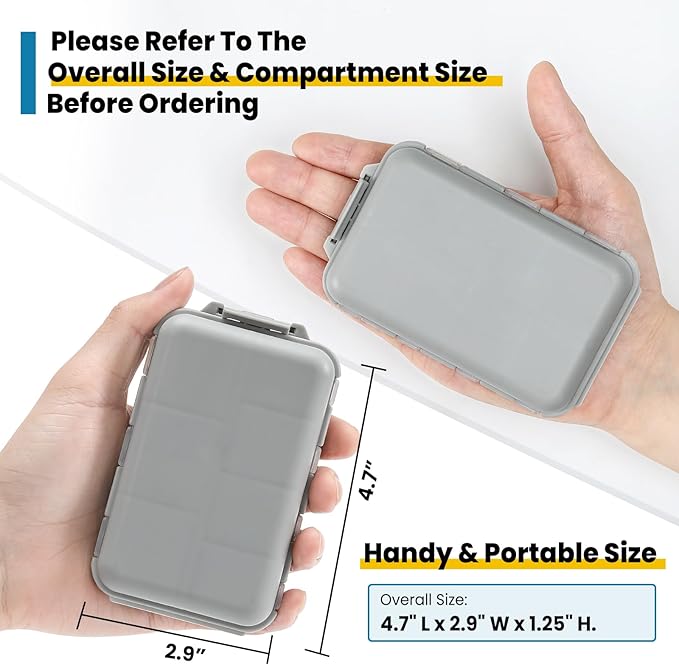 14 GRIDS Travel Pill Organizer Box with Labels - Travel Medicine Case Kit - Pocket Daily Pharmacy Container - Travel Medication Holder Dispenser for Fish Oil Vitamin Supplement Storage - Grey