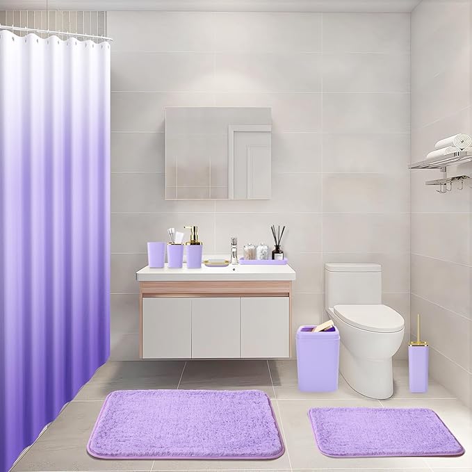 Bathroom Set - Purple Bathroom Sets with Shower Curtain and Rugs, 24PCS Shower Curtain Set with Hooks, Soap Dispenser, Soap Dish, Toilet Brush Holder and Trash Can for Housewarming