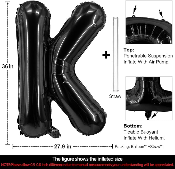 Lovoir 40 Inch Large Black Letter K Balloons Big Size Jumbo Mylar Foil Helium Balloon for Birthday Party Celebration Decorations Alphabet Black K