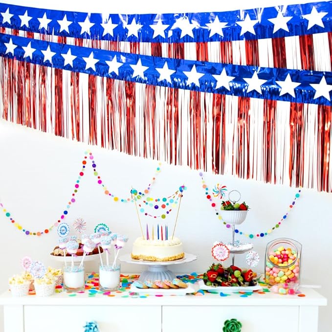 4 Packs 10 Feet Long Foil Fringe 4th of July Star Garland Memorial Day USA Red White Blue Independence Day Tinsel Metallic Streamers Patriotic Banner Car Parade Floats Garden Trailer Decor