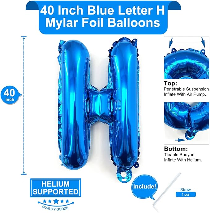 Lovoir 40 Inch Large Blue Letter H Balloons Big Size Jumbo Mylar Foil Helium Balloon for Birthday Party Celebration Decorations Alphabet Blue H