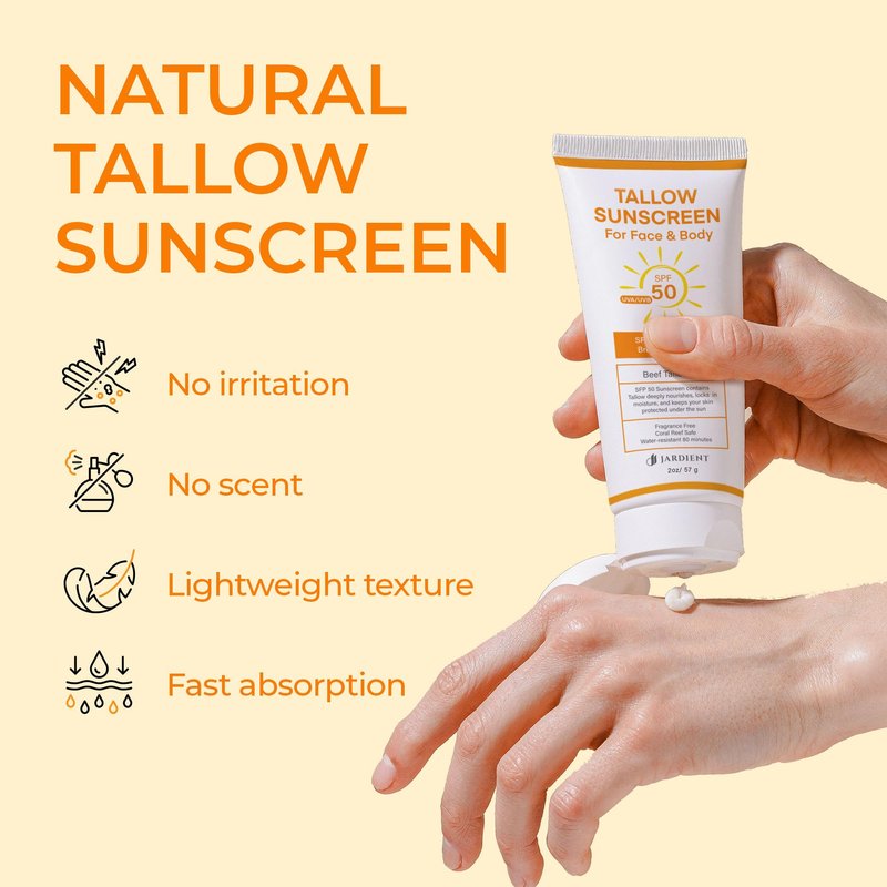 Beef Tallow Sunscreen SPF 50 with Mineral : Instant Sun Protection Non Nano Zinc Oxide Sunblock- Non Greasy Formula- Beach Jogging Outdoor Sports - 3 Fl oz, 85g