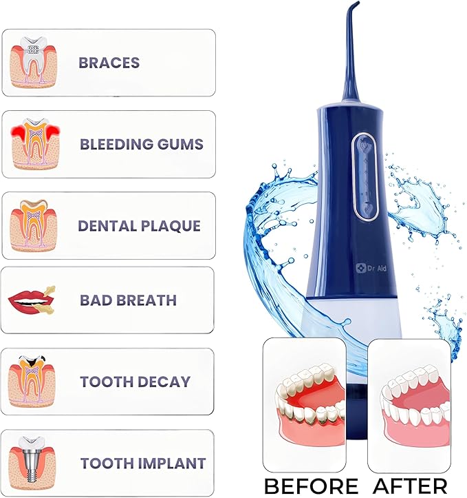 Dr. Aid Dental Water Flosser – Portable Oral Irrigator – 12Oz Tank, Water Filter, 5 Tips, Type C Charger – IPX8 Waterproof Cordless Water Flosser, Ideal Water Flossers for Teeth, Gums, Braces (Blue)