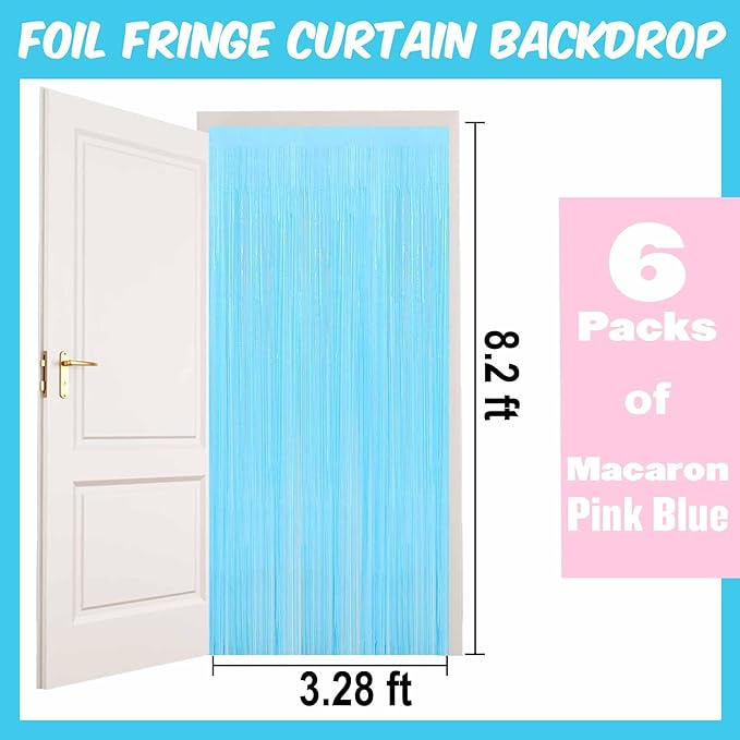 6 Pack Macaron Pink Blue Foil Fringe Curtains Backdrop, 3.28 x 8.2 Ft Metallic Streamers Tinsel Curtains Background for Photo Booth, Birthday, Christmas, Halloween, New Year Party Decorations