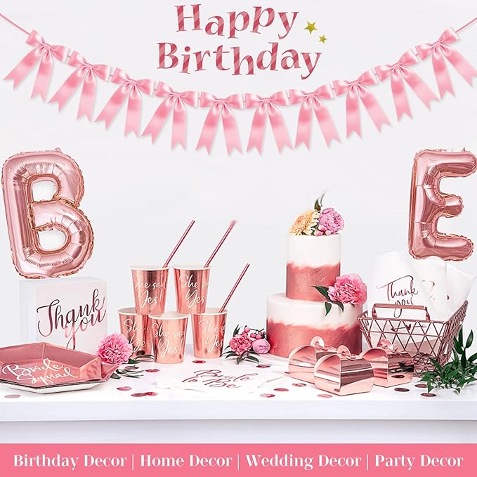 Dusty Pink Bow Garland Bow Banner Bow Party Decorations Pre-Strung Large Coquette Satin Ribbon for Birthday Bachelorette Party Bridal Shower Wedding Engagement Baby Shower