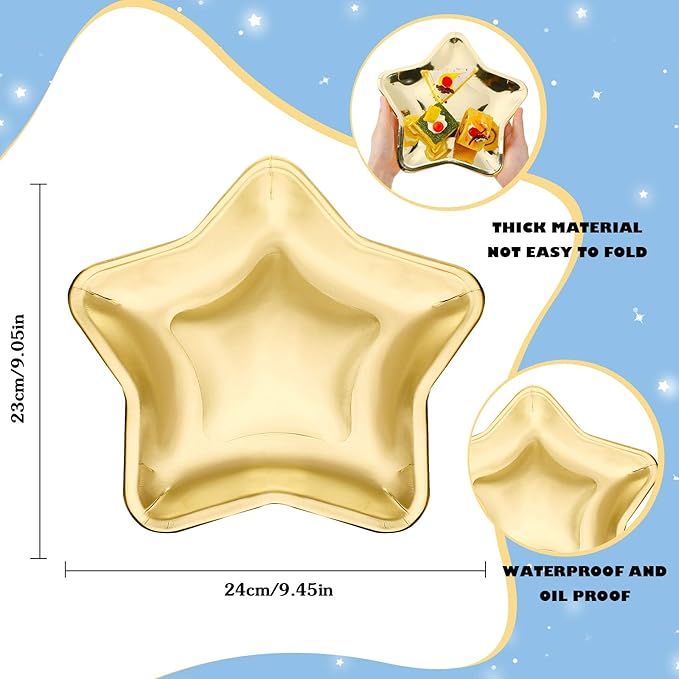 Patelai 30 Pieces Thick Star Shaped Paper Plates Disposable Party Plate Pentagram Dinnerware Decorations for Graduation Independence Day Wedding Birthday Baby Shower, 9.45 Inch(Gold,30 Pieces)