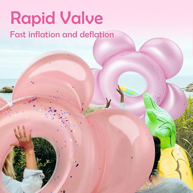 HeySplash Pool Floats, Large Pink Floats for Adults, Inflatable Floatie Loungers wih Glitter, Bachelorette Fun Decor, Swim Tube River Lake Wedding Bride Engagement Party Decor Toy Raft