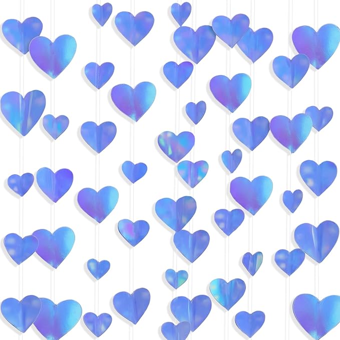 10 Pack 130ft Blue Holographic Heart Party Garland Asymmetrical Love Hanging Banners for Birthday Wedding Decorations Graduation Engagement