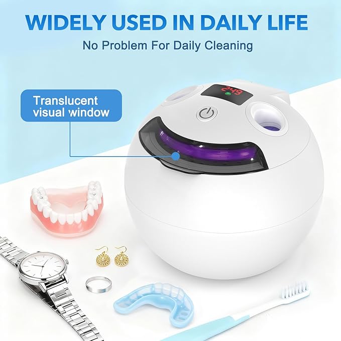 Dental Ultrasonic Retainer Cleaner - 48kHz Dental Cleaning Pod for Denture, Braces, Mouth Guard, Toothbrush Heads, Jewelry, 4 Modes Retainer Cleaner Machine with Digital Timer & 200ML,White
