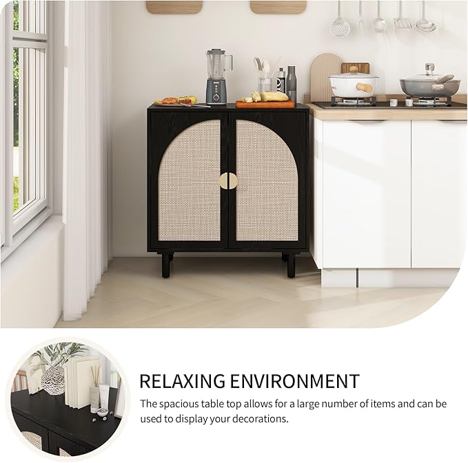 Black Sideboard Cabinet with 2 Rattan Doors, Rattan Buffet Cabinet with Adjustable Shelves & Pine Legs, Boho Sideboard Buffet for Living Room, Kitchen, Entryway (Black,1 PCS)