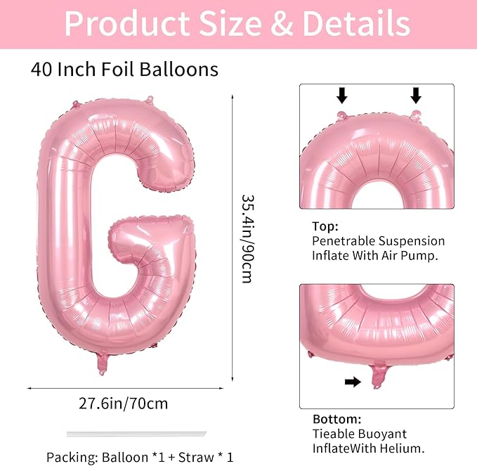 40 Inch Pink Letter G Balloon, Large Light Pink Letter Balloon, Single Foil Alphabet G Balloon, Big Baby Pink Name Letters Balloon Helium for Girls Women Birthday Party Wedding Anniversary Decoration