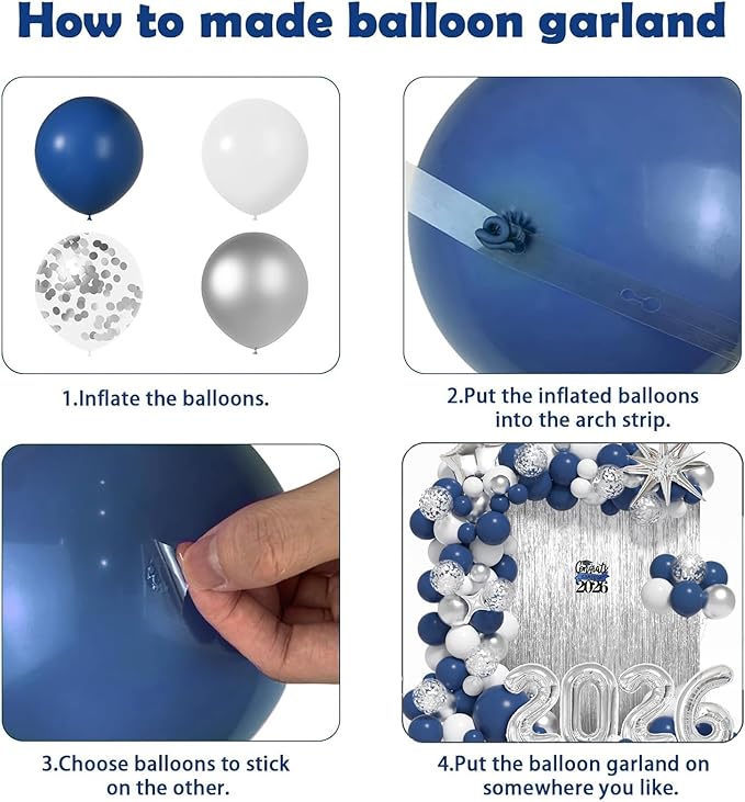 Graduation Balloon Garland Arch Kit for Graduation Decorations Class of 2026 - Navy Blue White and Silver Balloons Different Sizes 5 12 18 Inch Graduation Balloons Arch for Grad Party Supplies