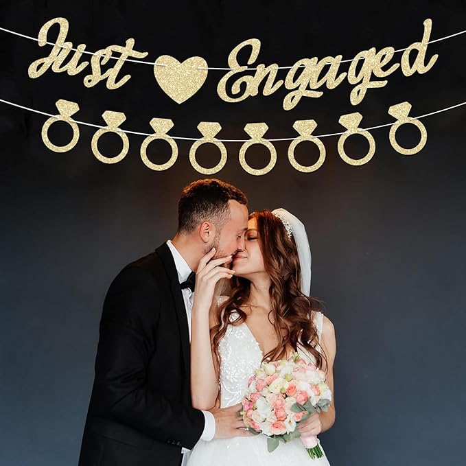 Just Engaged Banner, No DIY, Glitter Champagne Gold Engagement Party Decorations and Diamond Ring Banner Sign for Bridal Shower Wedding Shower Bachelorette Party Decorations.