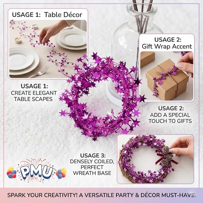 PMU 150 Ft Star Wire Shiny Garland Light Pink - Halloween, Christmas Party, Wedding, Birthday, Festive Home Decoration Ornament Light Pink (6pc-25Ft Each)