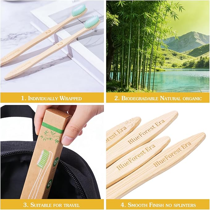 Bamboo Toothbrushes 10 Count Set, BPA Free Soft PBT Bristles, Natural Eco-Friendly Wooden Toothbrush, Organic Biodegradable Travel Tooth Brush for Adults