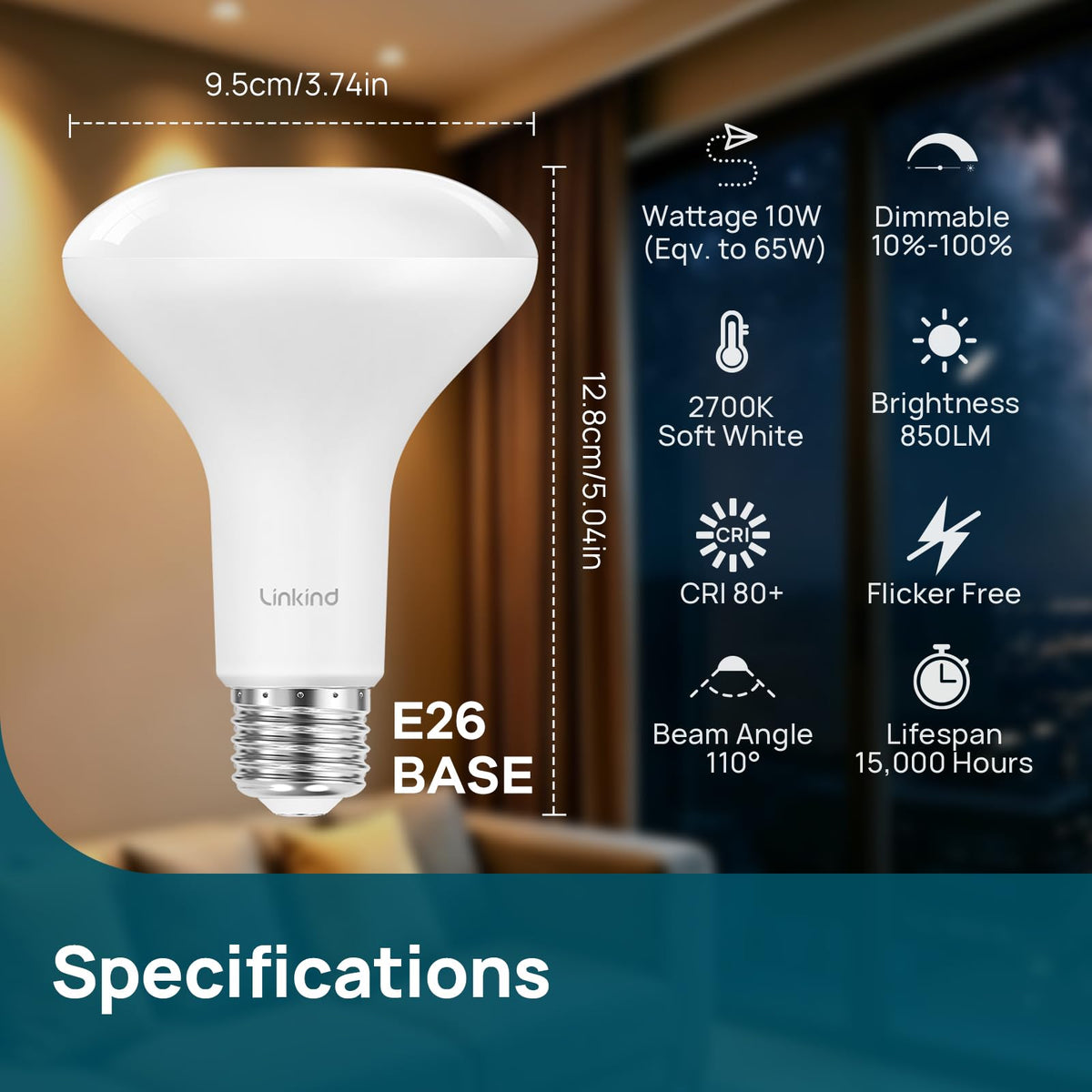 Linkind BR30 LED Flood Light Bulbs Indoor, 65W Equivalent Dimmable LED Recessed Bulbs, 10W 850 Lumens, 2700K Soft White E26, UL FCC Certified, Recessed Can Light Bulb for Bedroom Bathroom, 12 Packs