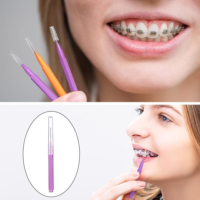 Patelai 100 Pieces Braces Brush for Cleaner Interdental Brush Toothpick Dental Tooth Flossing Head Oral Dental Hygiene Flosser Toothpick Cleaners Tooth Cleaning Tool(Purple, Orange,Cute Size)